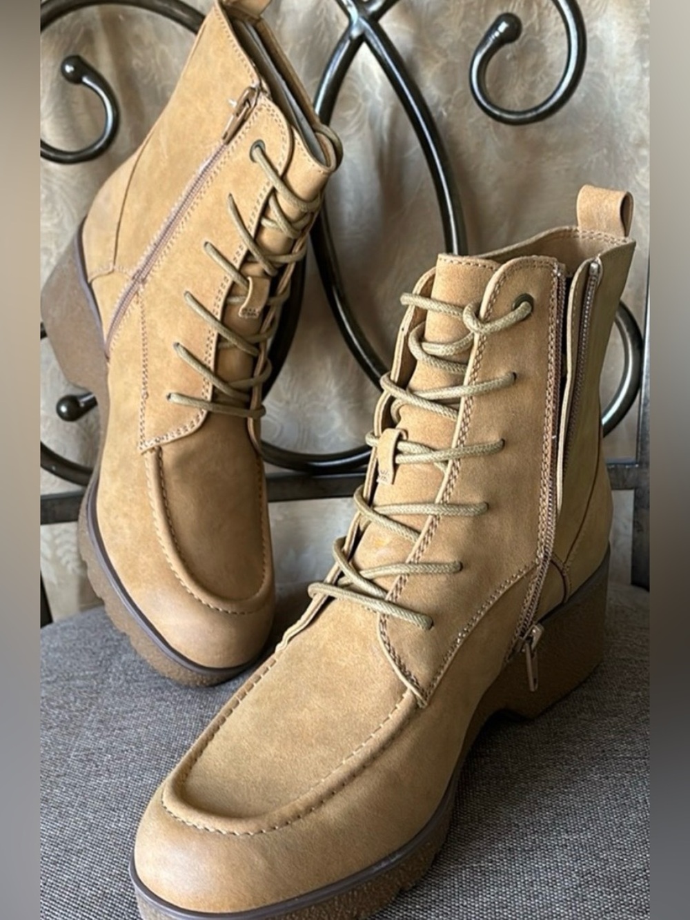 White Mountain Suede Lace-Up Ankle Boot with Side Zip in Camel